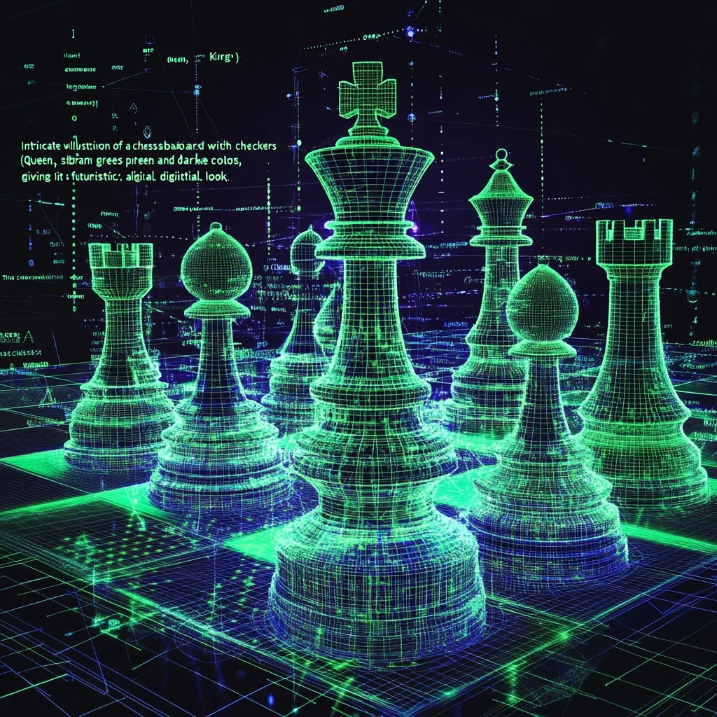 Here's a description of the image in under 100 words:

The image is a digital rendering of a chessboard with chess pieces.  The pieces are rendered in a glowing green wireframe style, giving a futuristic, almost holographic appearance. The board itself is subtly visible beneath, with dark blue and green hues.  Surrounding the chessboard is a background of digital code and data streams, further emphasizing the digital nature of the image.  The overall effect is one of technological sophistication and strategic gameplay.