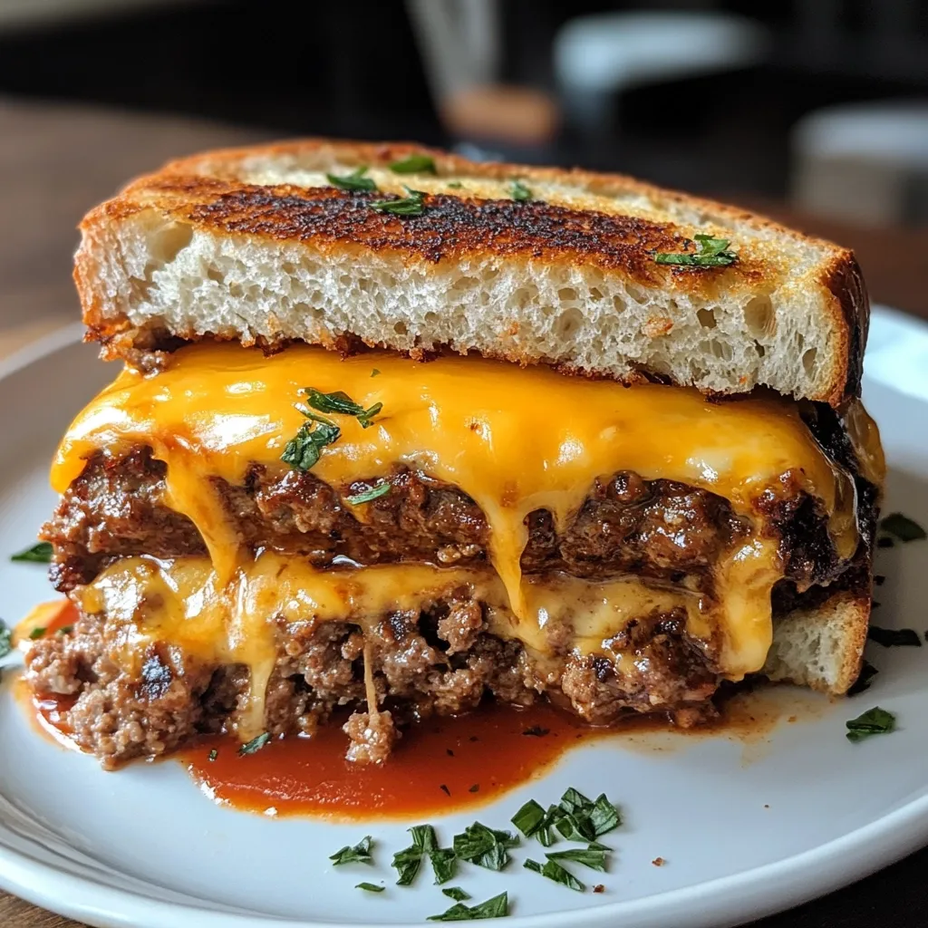 Here's a description of the image:

Close-up view of a decadent double-decker meatball sandwich.  Two large, browned meatballs are layered with melted cheddar cheese between slices of toasted bread.  The cheese is gooey and stretches, overflowing from the sandwich. A tomato-based sauce is visible underneath and around the sandwich.  Garnished with freshly chopped parsley, the sandwich sits on a white plate, showcasing its rich textures and appetizing appearance. The background is blurred, focusing attention on the deliciousness of the food.