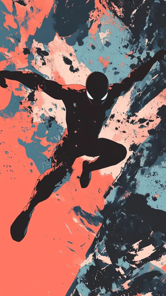 The image is a stylized illustration of a superhero, possibly Spider-Man, in mid-leap.  He's rendered in stark black silhouette against a vibrant background of coral and teal abstract splashes, resembling paint strokes or an explosion of color. The dynamic pose conveys a sense of motion and power. The contrast between the sharp silhouette and the fluid background creates a striking visual effect.  The overall style is bold and graphic, hinting at comic book art or superhero imagery.
