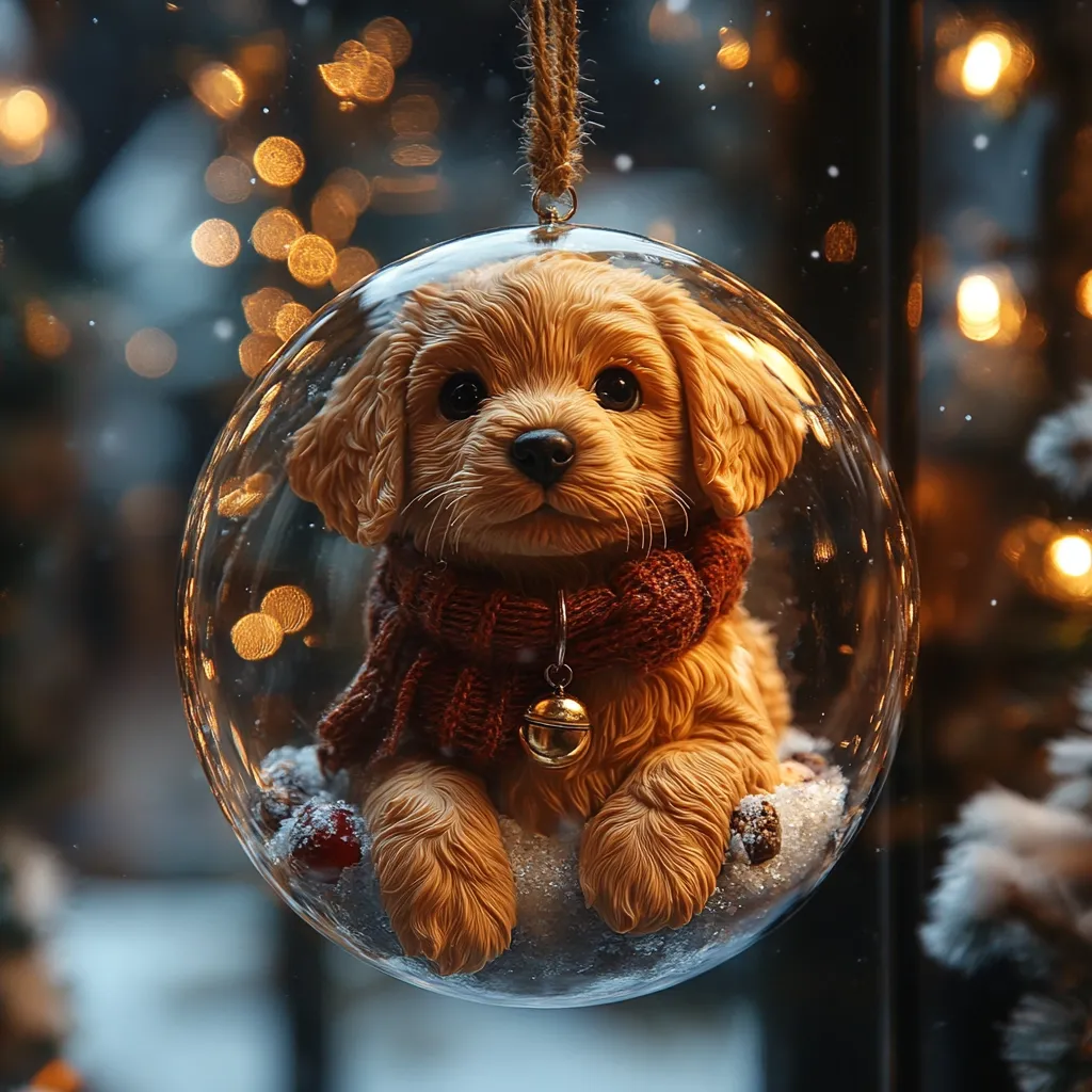 Here's a description of the image:

A charming Christmas ornament features a meticulously crafted, light brown puppy nestled within a clear glass sphere.  The puppy, seemingly sculpted from clay or a similar material, wears a cozy, rust-colored knitted scarf and a small golden bell hangs around its neck.  It rests on a bed of simulated snow, speckled with tiny red berries. The ornament hangs from a simple twine cord, against a softly blurred background of warm bokeh lights suggesting a festive holiday setting.  The overall effect is one of warmth, cuteness, and holiday cheer.