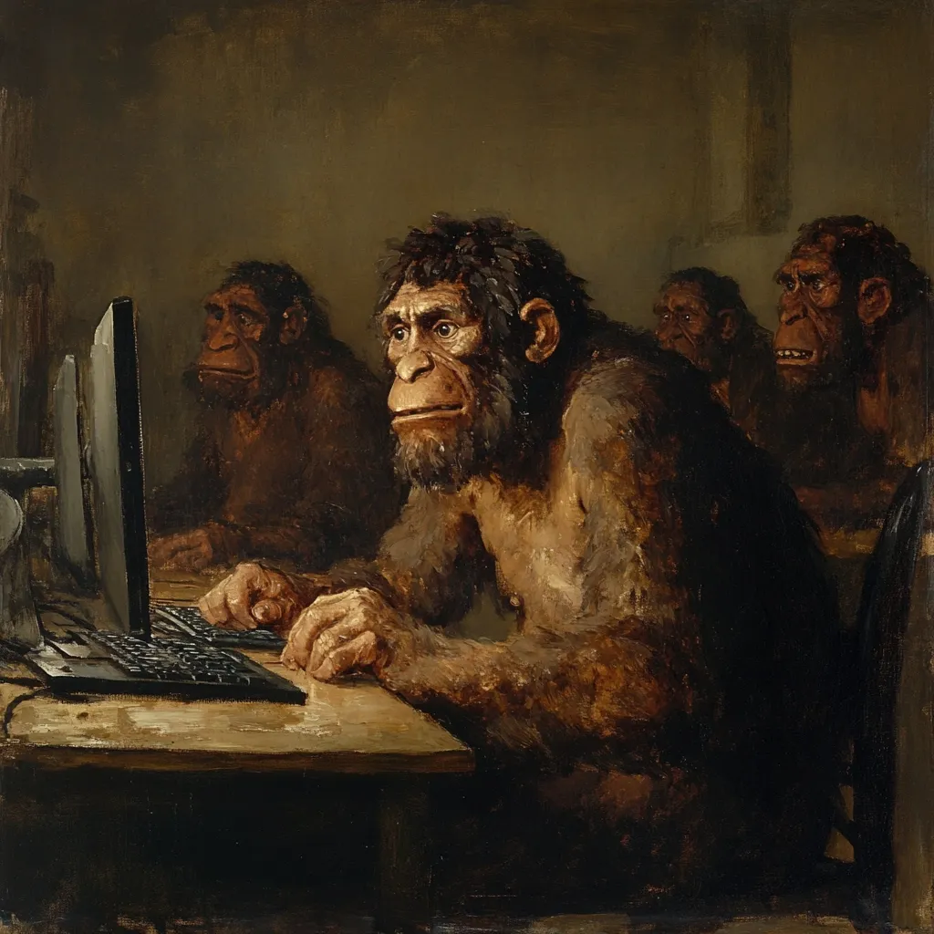Here's a description of the image:

The painting depicts a group of Neanderthals seated at a table, working on computers.  The central figure, a large, hairy Neanderthal, dominates the foreground, intently focused on a keyboard.  Other Neanderthals are visible in the background, similarly engaged with their own computers. The setting is dimly lit, adding to the somber and somewhat anachronistic tone of the artwork. The style is reminiscent of classical painting, with a focus on realistic rendering of the subjects' anatomy and expressions. The juxtaposition of prehistoric humans with modern technology creates a striking and thought-provoking image.