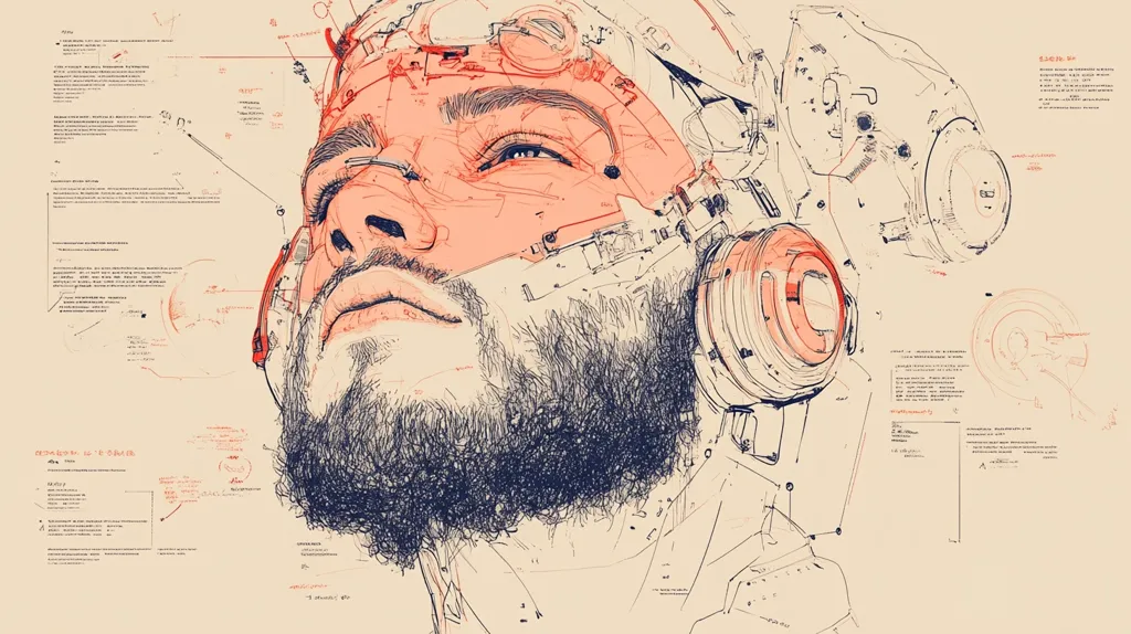 Here's a description of the image:

The image is a stylized illustration or concept art depicting a bearded man's head and shoulders, seemingly integrated with or encased in intricate mechanical components.  The style is reminiscent of technical drawings or blueprints, with lines and annotations surrounding the figure. The man's face is rendered in a softer, peach-toned style, contrasting with the detailed, almost scratchy lines of the mechanical elements and his beard. The overall color palette is warm, beige and peach tones with accents of a darker blue-gray in the beard and mechanical lines.  The background features notes and diagrams that appear to be technical specifications or design notes.  The overall effect suggests a fusion of human and machine, possibly a cyborg or advanced prosthetic technology.