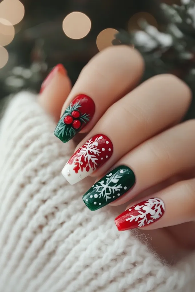 Close-up of a hand with festive Christmas nail art.  Each long, oval nail is painted in red or green, accented with white snowflakes and, on one nail, a holly sprig.  The hand rests on a cream-colored knitted sweater, with a blurred background suggesting a Christmas setting. The overall effect is elegant and seasonally appropriate.