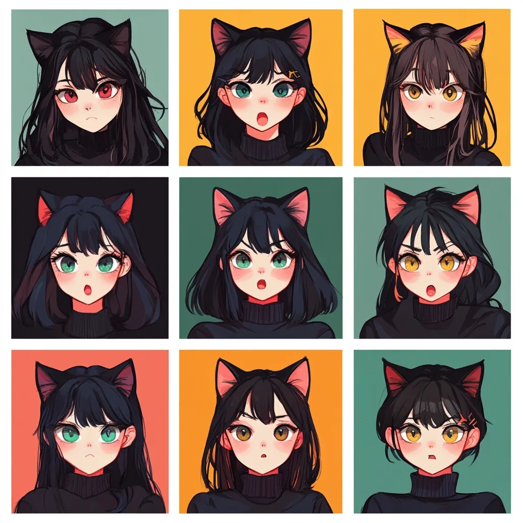 Here's a description of the image:

The image is a 3x3 grid showcasing nine variations of a stylized anime-style female character.  Each character has dark hair, black cat ears, and a dark turtleneck.  They share similar features, but display different expressions and subtle variations in hairstyle and hair color.  The background of each square is a different solid pastel color—teal, gold, dark green, etc., creating a visually diverse and appealing arrangement.  The overall style is reminiscent of digital illustration or fan art.