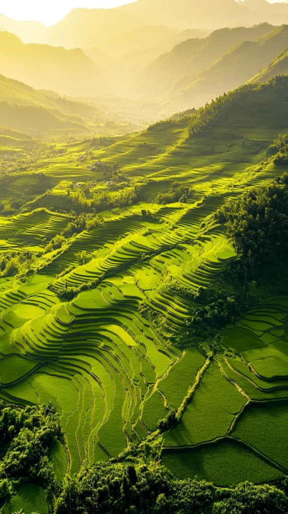 Here's a description of the image:

The image is a breathtaking aerial view of lush green rice terraces cascading down a mountainside.  The terraces, meticulously carved into the hillside, form a mesmerizing pattern of vibrant green against the backdrop of hazy, golden-lit mountains.  Sunlight bathes the landscape, casting long shadows and enhancing the depth and texture of the scene.  The overall impression is one of serenity and the harmonious interaction between human cultivation and the natural beauty of the mountainous terrain.
