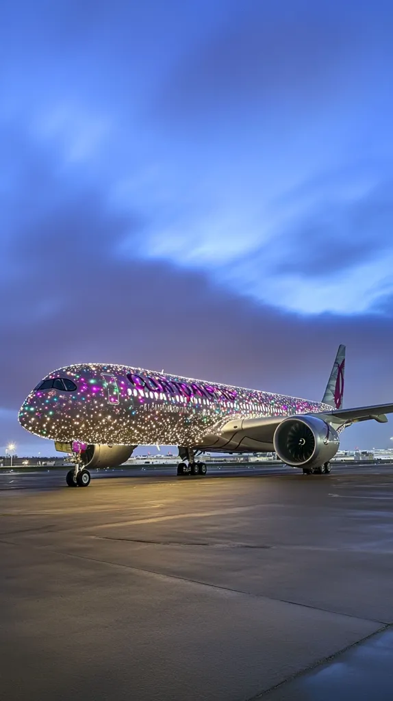 Here's a description of the image:

A Qatar Airways Airbus A350-1000 aircraft is prominently featured on a tarmac at dusk.  The plane is adorned with thousands of tiny lights, creating a dazzling, sparkling effect across its fuselage.  The twilight sky displays a gradient of deep blues and purples, providing a striking contrast to the illuminated aircraft. The tarmac is smooth and dark, reflecting some light. The overall scene is serene yet vibrant, capturing a festive or celebratory mood.