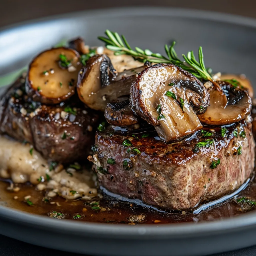 Here's a description of the image:

Close-up view of two perfectly cooked filet mignon steaks, glistening with a rich, dark sauce.  The steaks are topped with sautéed mushrooms, a sprig of rosemary, and finely chopped herbs. A creamy, light-colored purée is visible underneath the steaks. The dish is presented on a dark gray plate, enhancing the contrast and richness of the food. The overall impression is one of luxurious and delicious fine dining.