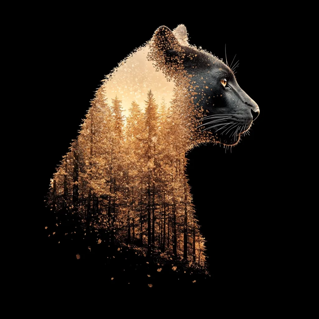Here's a description of the image:

The image is a digital artwork depicting a black panther's profile against a black background.  The panther is rendered in a unique style where its form is partially composed of a sunlit autumnal forest scene.  The trees and golden light of the forest subtly replace parts of the panther's fur, creating a visually striking double exposure effect.  The overall impression is one of serene power, blending the wildness of the panther with the tranquility of nature. The artwork is sharp and detailed, with a focus on the panther's features.