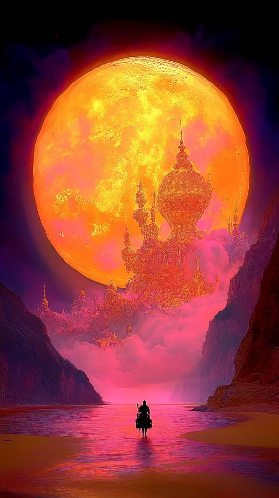 Here is a description of the image:

The artwork depicts a surreal, dreamlike landscape bathed in vibrant, almost neon, pink and orange hues.  A massive, fiery orange moon dominates the sky, its light illuminating a majestic, golden castle perched atop a misty mountain range.  In the foreground, a solitary figure on horseback travels along a calm, pink-tinged body of water towards the castle.  The overall style is fantasy, evoking a sense of mystery and adventure.  The scene is strikingly beautiful yet somewhat ominous, with a focus on strong color contrasts and a sense of scale.