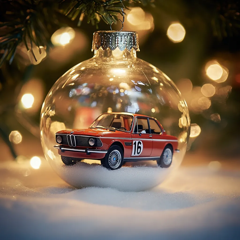 Here's a description of the image:

A close-up shot reveals a miniature red BMW race car nestled inside a clear glass Christmas ornament.  The ornament rests on a bed of artificial snow, hanging from a decorated Christmas tree. Warm, golden bokeh lights from the tree's decorations blur the background, creating a festive and charming atmosphere.  The number "16" is visible on the car's door, suggesting a racing number. The overall image evokes a sense of holiday cheer and car enthusiasm.
