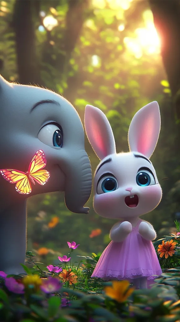 A charming illustration depicts a friendly encounter between a baby elephant and a bunny rabbit in a sun-dappled forest.  The elephant, with large expressive eyes, is positioned close to the rabbit, who wears a delicate lavender dress. A bright orange butterfly rests on the elephant's trunk. The scene is vibrant with colorful flowers surrounding the adorable pair, creating a whimsical and heartwarming atmosphere. The soft lighting and detailed textures enhance the overall cuteness of the image.