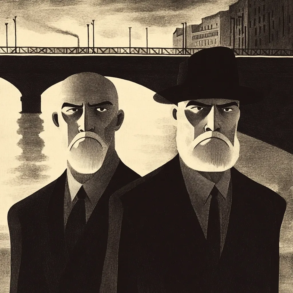 A black and white illustration depicts two stern-faced men in suits standing before a bridge. The man on the left is bald, while the man on the right wears a fedora. Both men have prominent beards and serious expressions. The bridge stretches across a river, with a cityscape visible in the background. The style is reminiscent of woodcut prints, with heavy use of shading and lines creating a dramatic and somewhat ominous mood. The image suggests a narrative of mystery or suspense.