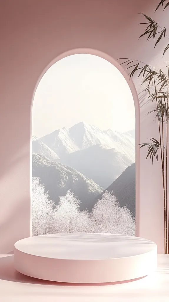 A minimalist scene features a pale pink room with an arched window showcasing a serene mountain landscape.  Snow-dusted peaks and frosted trees are visible through the arch.  A round, pale pink platform sits in the foreground, providing a clean, display-ready surface.  A bamboo plant adds a touch of nature to the right. The overall aesthetic is calm, serene, and subtly luxurious.