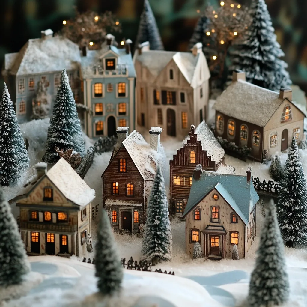 A charming miniature village scene is depicted, nestled in a snowy landscape.  Small, snow-dusted houses with warm, glowing windows create a cozy atmosphere.  Evergreen trees dusted with snow surround the buildings, adding to the winter wonderland ambiance.  The scene is meticulously detailed, with fences and pathways adding to the realism.  Tiny lights illuminate the houses, enhancing the festive mood. The overall impression is one of peaceful, idyllic holiday charm.