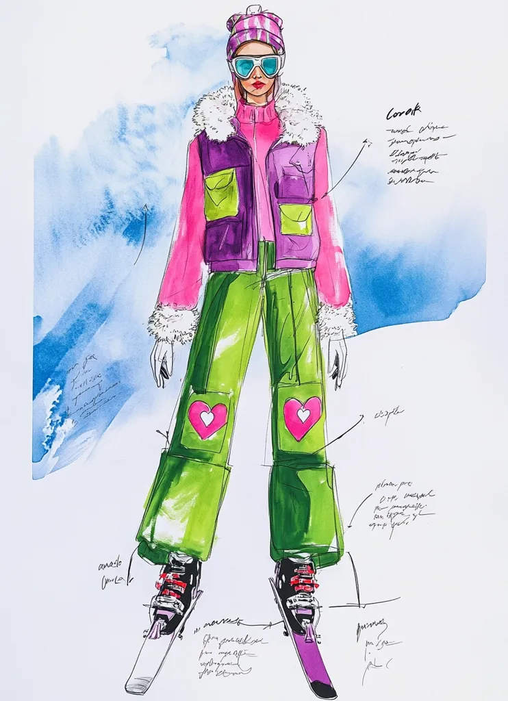 Here's a description of the image:

The illustration showcases a fashion design sketch of a woman in a vibrant ski outfit.  She's wearing a purple and pink puffer vest over a pink turtleneck, lime green ski pants adorned with pink hearts, a striped beanie, and stylish sunglasses.  The ski boots and skis are also depicted, along with handwritten notes in a different language, likely detailing design specifications or fabric choices. The background is a wash of light blue watercolor, suggesting a snowy landscape. The overall style is playful and colorful, with a bold, contemporary feel.