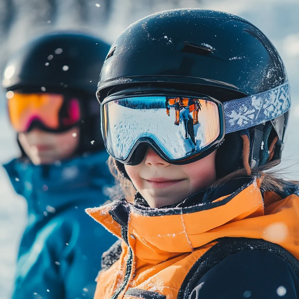 Here's a description of the image:

Close-up view of a young child, likely a girl, wearing a black ski helmet and goggles.  The goggles reflect a snowy landscape and possibly other skiers.  She's dressed in a bright orange ski jacket with a dark outer layer.  Another child, slightly out of focus, wearing a blue ski jacket and helmet, is visible in the background.  Both children appear to be on a snowy slope,  suggesting a winter sports activity like skiing or snowboarding.  Snowflakes are subtly visible in the air. The overall impression is one of a fun winter day outdoors.