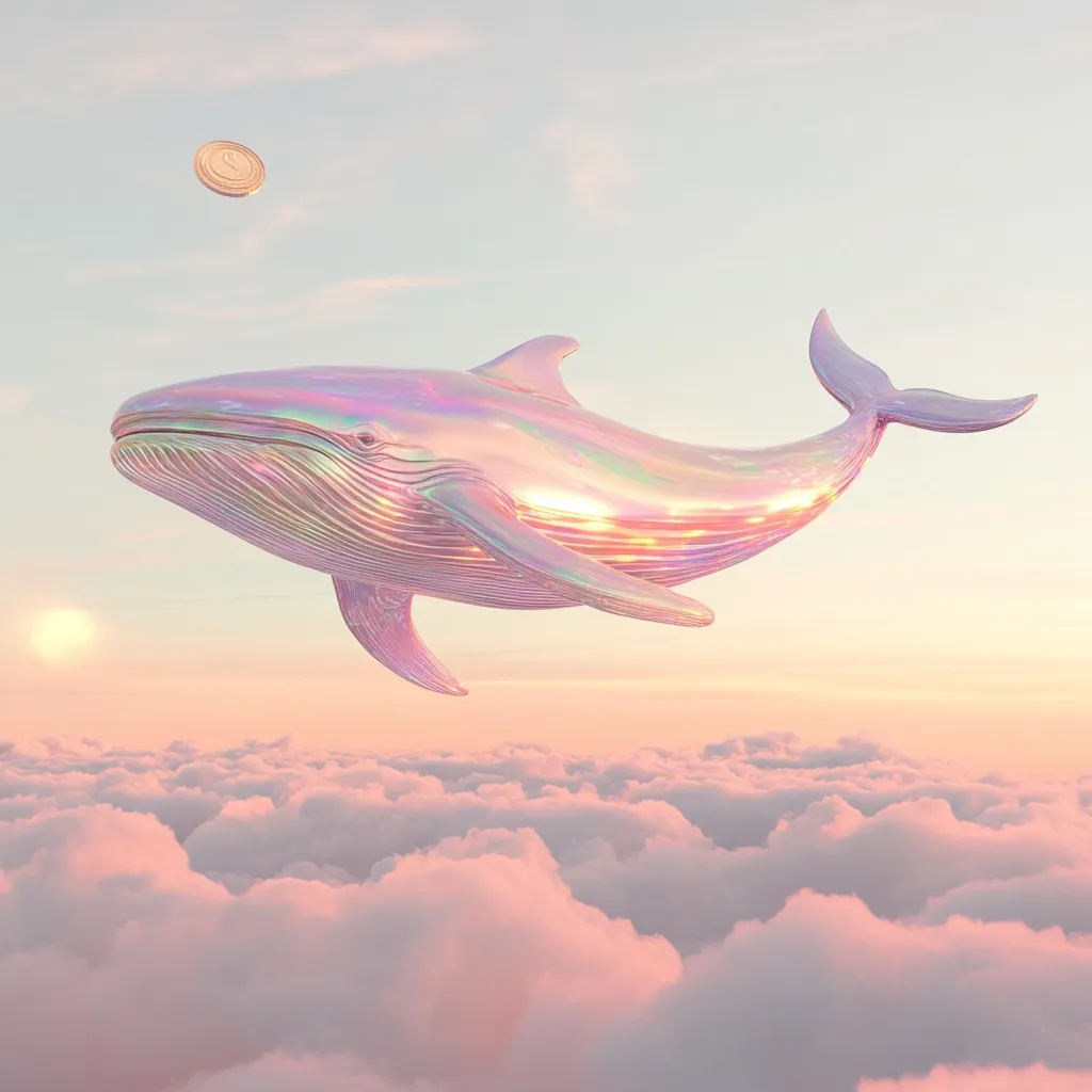 Here's a description of the image:

A large, iridescent pink whale, seemingly made of polished metal, floats gracefully above a soft, pink-hued cloudscape.  The whale is highly detailed, with visible texture and a reflective surface catching the light.  A small, golden coin floats above and slightly to the left of the whale, adding a surreal element. The overall scene evokes a dreamy, whimsical atmosphere, with a pastel color palette that suggests fantasy or a dreamlike state. The setting sun is visible on the horizon, casting a warm glow across the clouds.