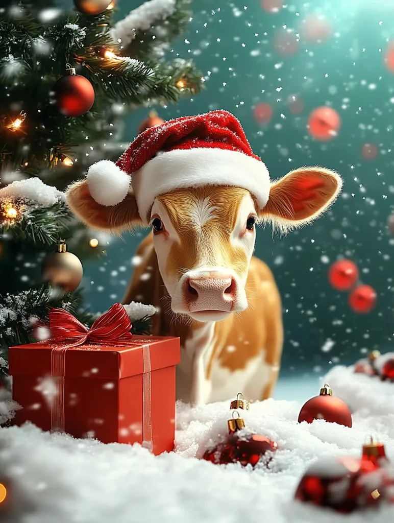 A heartwarming Christmas scene features a young calf wearing a Santa hat, standing in front of a decorated Christmas tree.  Snow gently falls, blanketing the ground around a bright red gift box nestled beside the calf.  Red and gold ornaments add to the festive atmosphere, creating a charming and whimsical holiday image. The calf's curious gaze adds a touch of innocence to the festive tableau.