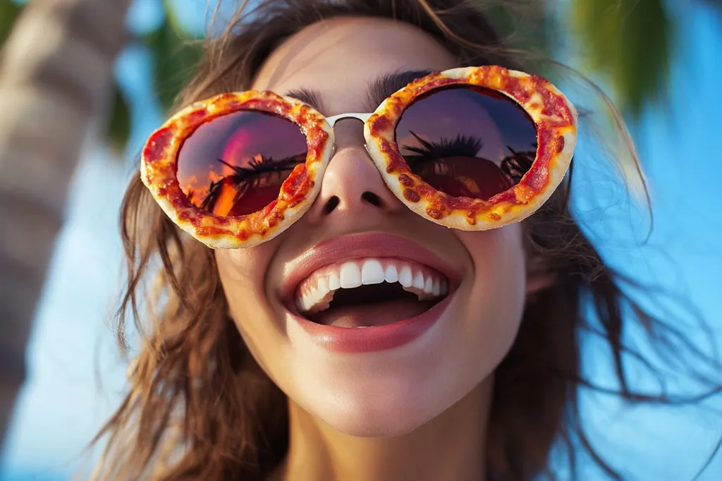 Here's a description of the image:

Close-up view of a young woman with long brown hair, laughing.  She's wearing oversized sunglasses uniquely crafted from pizza slices. The pizza frames are round and appear to be a cheesy, pepperoni variety. The background is blurred but shows a bright, sunny outdoor setting with palm trees suggesting a tropical or beach environment. The woman's expression is joyful and carefree, enhancing the playful nature of the image.