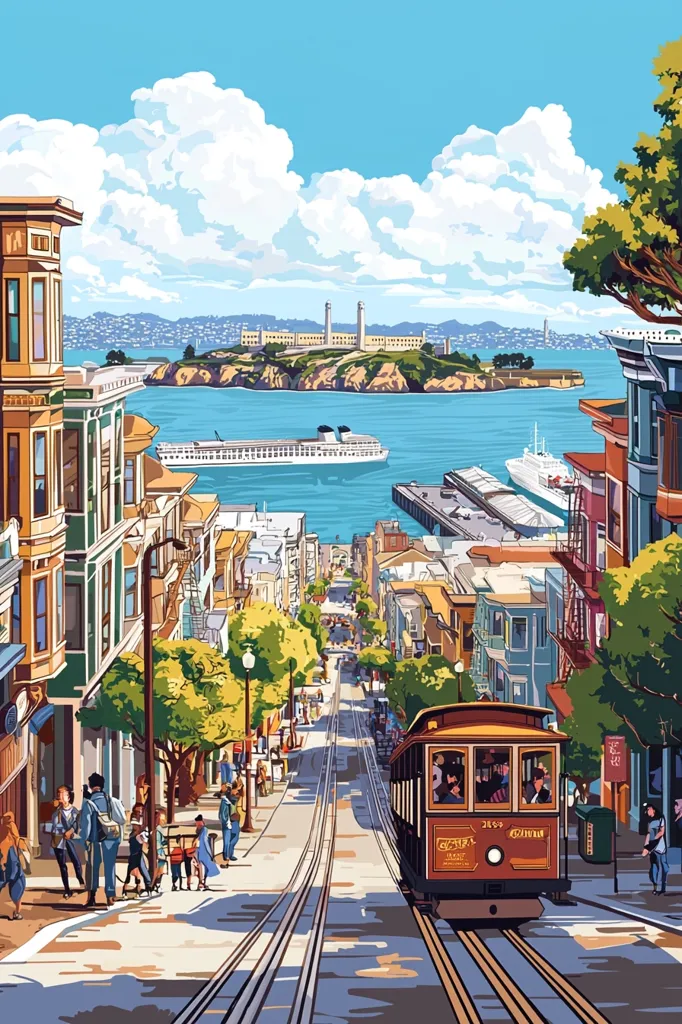 A vibrant illustration depicts a San Francisco street scene.  A classic cable car ascends a steep hill lined with colorful Victorian-style buildings.  Pedestrians stroll along the sidewalks, enjoying the sunny day.  In the background, Alcatraz Island sits serenely in the bay, with ferries and a cruise ship visible. The sky is bright blue with fluffy white clouds, adding to the cheerful atmosphere.  The artwork's style is reminiscent of vintage travel posters, showcasing the city's iconic charm.