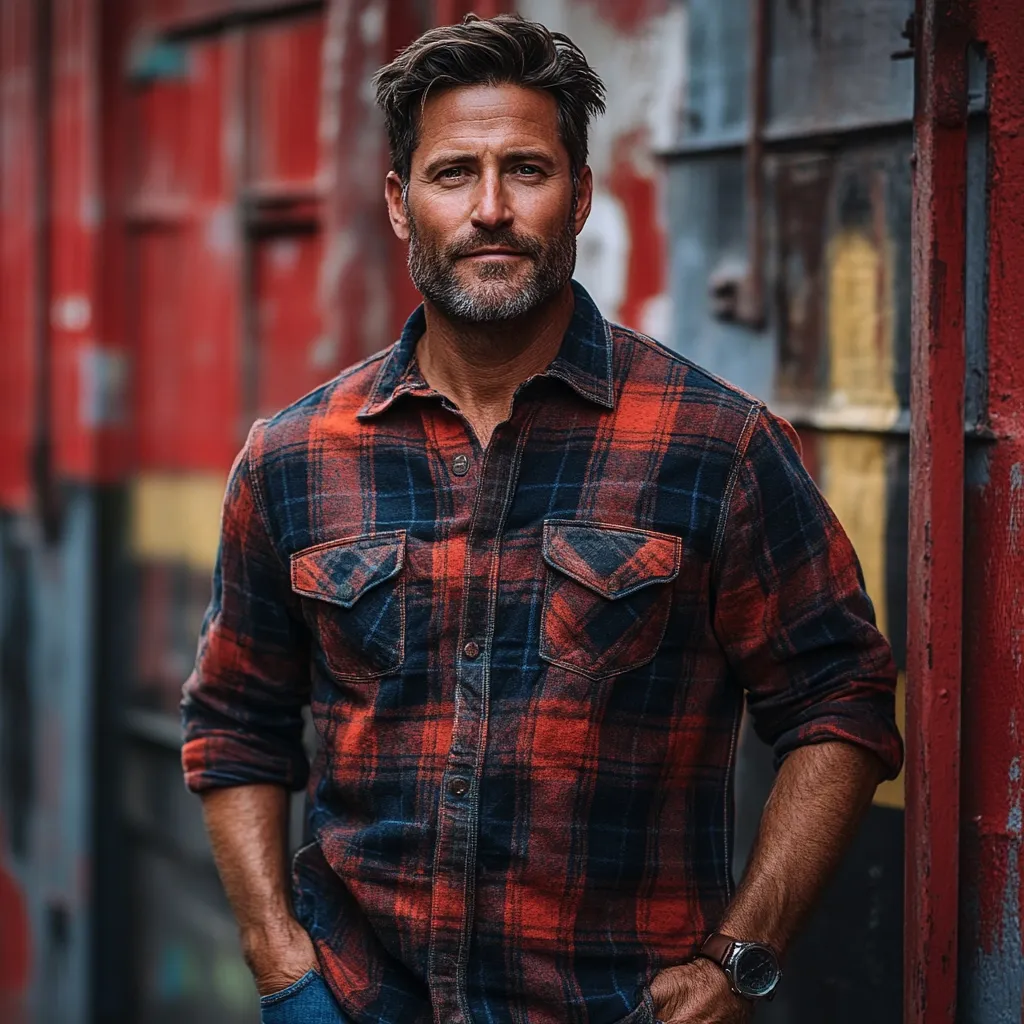 A man with short, styled brown hair and a well-groomed beard stands confidently against a backdrop of weathered red metal doors. He's wearing a red and dark blue plaid long-sleeved shirt, his hands casually in his jeans pockets. A watch adorns his left wrist. The image has a rugged, outdoorsy feel, with the man appearing strong and self-assured. The contrast between his attire and the rusty industrial setting is striking.