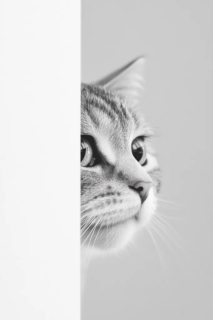 Here's a description of the image:

The black and white photograph features a tabby cat peeking from behind a white surface. Only half of the cat's face and head are visible, creating a sense of intrigue and mystery.  Its large, expressive eyes are partially visible, along with its whiskers and the delicate fur texture. The cat's gaze is directed to the viewer's right, suggesting curiosity or alertness.  The simple background and monochromatic palette highlight the cat's features, resulting in a striking and elegant composition.