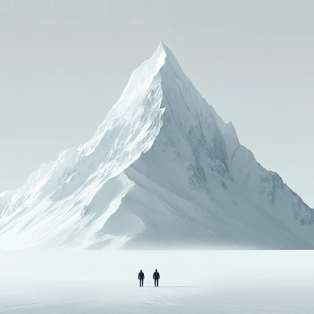 The image depicts a stark, minimalist landscape dominated by a massive, snow-covered mountain peak.  The mountain rises sharply from a flat, snow-covered plain, creating a dramatic contrast.  Two small, dark figures are visible in the foreground, dwarfed by the immense scale of the mountain, emphasizing the vastness and isolation of the scene. The overall color palette is muted, with shades of white and gray creating a cold, serene atmosphere.  The scene evokes a sense of awe and solitude.