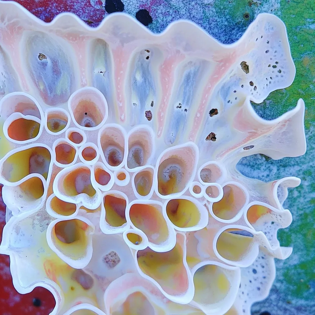 Close-up view of a delicate, intricately patterned seashell.  The shell is predominantly white with pastel peach and yellow hues, showcasing a honeycomb-like structure of numerous interconnected holes and chambers. The shell's edges are wavy and irregular, creating a flowing, organic form.  The background is blurred, showing hints of vibrant color, suggesting a painted surface or textured backdrop. The overall impression is one of delicate beauty and natural artistry.