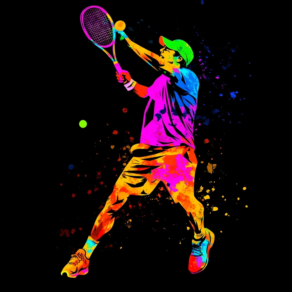 Here's a description of the image:

The image is a vibrant, stylized depiction of a tennis player in action.  Rendered in a colorful, splatter-paint style against a black background, the player is captured mid-swing, racket raised high above their head, about to hit a tennis ball.  The bright, neon colors—pinks, oranges, greens, and blues—give the image an energetic, dynamic feel.  The player's form is athletic and dynamic, conveying a sense of power and skill.  Small, additional splotches of color enhance the image's energetic feel.  The overall effect is a striking and artistic representation of tennis.
