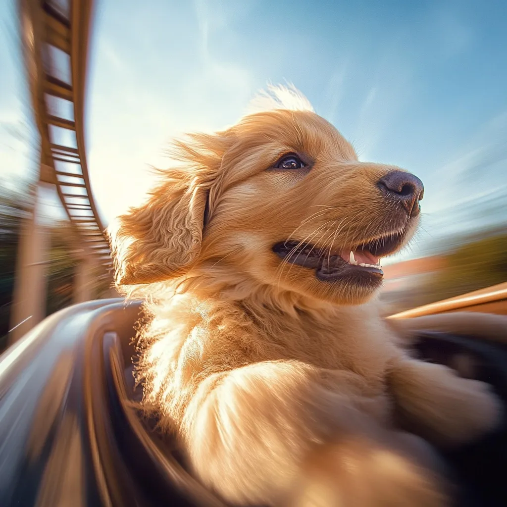 Here's a description of the image:

A golden retriever puppy enjoys a thrilling ride, its fur blowing in the wind as it speeds down what appears to be a roller coaster or a fast slide.  The image is taken from a low angle, giving a dynamic, first-person perspective of the puppy's exhilarating experience. The background is blurred by motion, emphasizing the speed and creating a sense of fun and adventure. The puppy's expression is one of joyful excitement, its mouth slightly open.  The overall mood is playful and energetic.