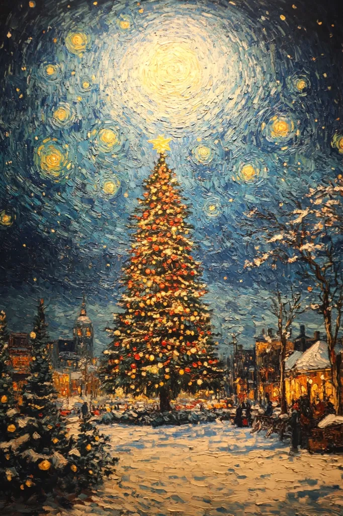 Here's a description of the image:

The painting depicts a winter scene, seemingly inspired by Van Gogh's style, with a large, brightly lit Christmas tree as the centerpiece. The tree is adorned with numerous ornaments and stands in a snow-covered town square, under a swirling, starry night sky reminiscent of "The Starry Night".  Smaller Christmas trees and snow-dusted buildings line the square. The impasto technique uses thick, visible brushstrokes, creating a textured and vibrant effect.  The overall mood is festive and magical, capturing the spirit of a Christmas Eve celebration.