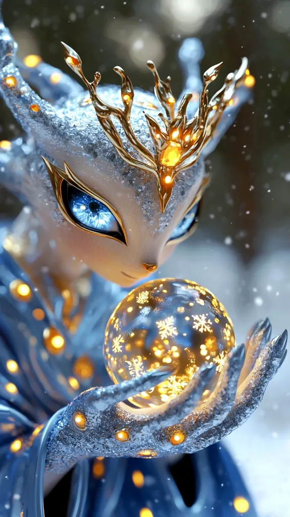 A digital rendering depicts a fantastical creature, possibly an ice spirit or fairy, with striking blue eyes and a crown of ornate gold branches.  Its body is adorned in shimmering blue and white, resembling ice and snow.  The creature gently cradles a glowing orb, etched with snowflakes, emitting a warm golden light that contrasts with its icy exterior.  Snow falls softly around it, enhancing the ethereal, wintery atmosphere. The overall aesthetic is magical and delicate.