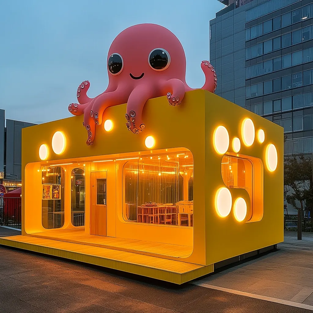 A whimsical yellow building, shaped like a cube with rounded edges, is illuminated from within.  A large, cartoonish pink octopus sits atop the structure, its friendly face adding to the playful design.  The building features large, rounded windows showcasing a warmly lit interior with small tables and chairs.  Circular lights adorn the exterior walls, enhancing the cheerful, almost childlike aesthetic. The building stands in front of a modern glass building, creating a stark contrast between the playful design and its sophisticated background.