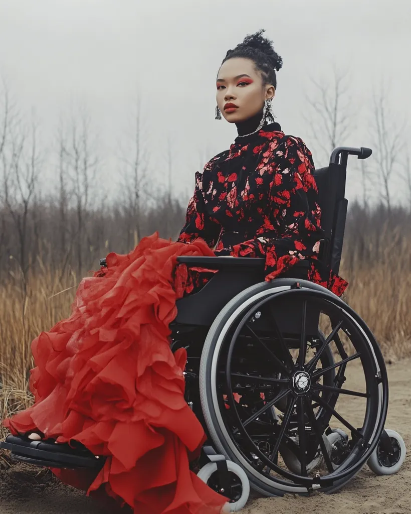 A young woman with dark hair styled in a bun sits in a wheelchair outdoors. She wears a black and red floral print top and a voluminous red ruffled skirt.  Her makeup is bold, featuring red lipstick and eye makeup.  Large dangling earrings complete her look.  The background is a blurred landscape of leafless trees and dry grass, creating a stark contrast to her vibrant attire. The overall image conveys strength and style.