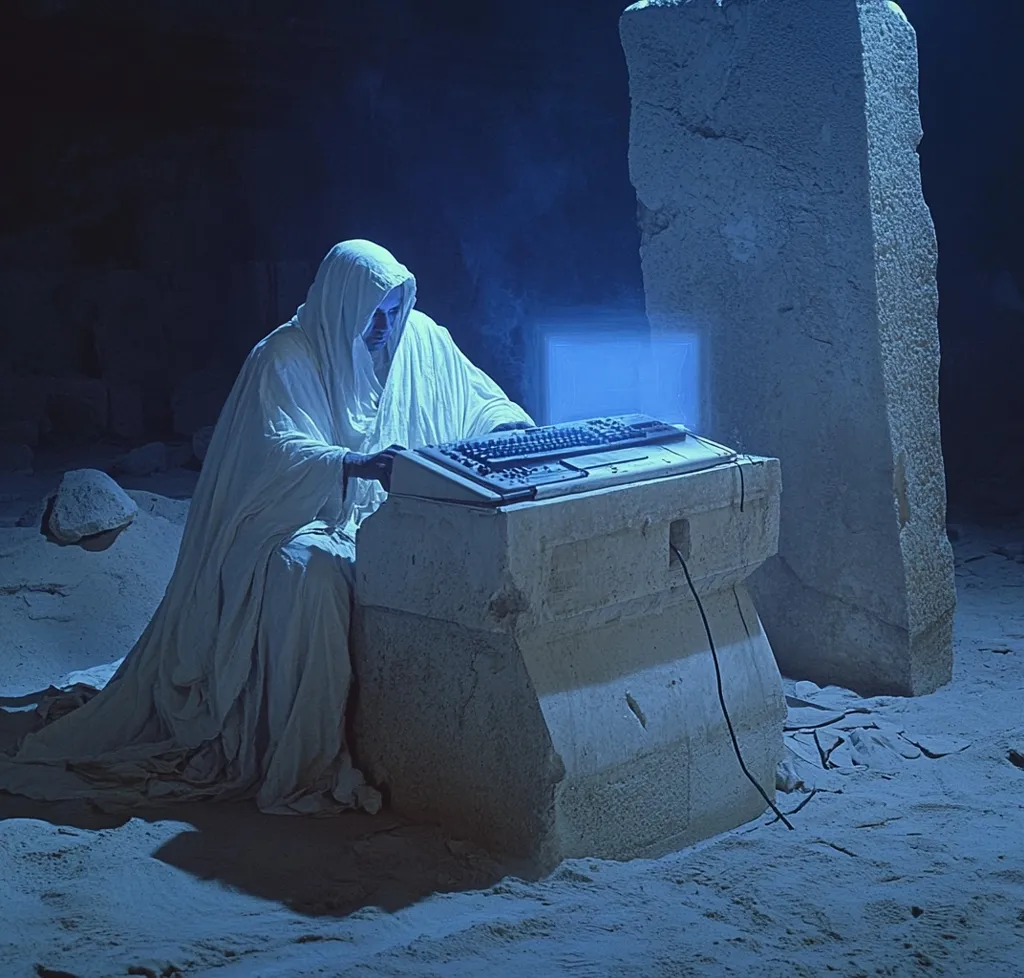 A hooded figure, cloaked in white, sits hunched over a computer keyboard integrated into a rough-hewn stone structure.  The scene is dimly lit, bathed in cool blue light, and set within a desolate, sandy environment with a large stone monolith nearby. The image evokes a sense of mystery and isolation, blending ancient architecture with modern technology. The overall mood is contemplative and slightly eerie.