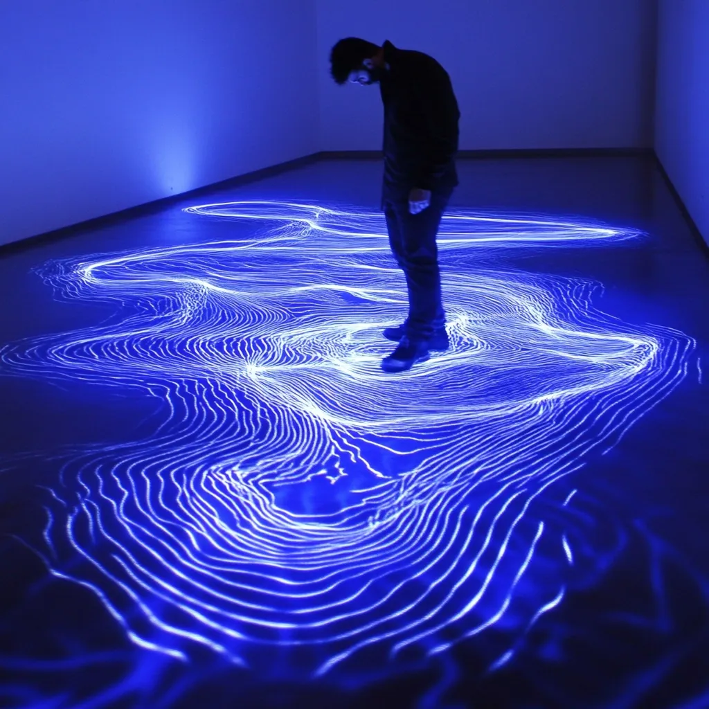 A person stands on a floor illuminated with a mesmerizing blue light projection. The projection depicts flowing, contour-like lines resembling a topographic map or water currents, creating a dynamic, abstract artwork.  The dark silhouette of the individual contrasts sharply against the bright, swirling pattern, enhancing the ethereal and captivating quality of the installation. The overall atmosphere is mysterious and artistic.
