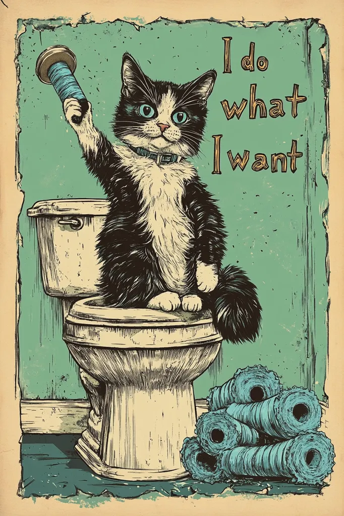 Here's a description of the image:

A vintage-style illustration features a tuxedo cat perched on a toilet, holding a spool of thread.  The cat, with striking blue eyes and a collar, appears to be in a mischievous mood. The background is a teal green, distressed to look aged. The text "I do what I want" is prominently displayed.  A pile of thread spools sits at the base of the toilet. The overall style evokes a retro, slightly humorous, and slightly rebellious feline attitude. The image is framed with a worn, beige border, further enhancing the vintage aesthetic.