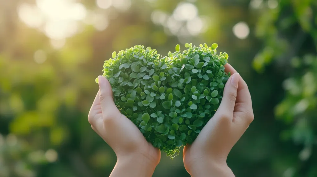 Two hands gently cradle a heart-shaped cluster of vibrant green seedlings.  The backdrop is a softly blurred natural setting of lush greenery, bathed in warm, sunlit tones.  The image evokes a feeling of environmental care, love for nature, and the nurturing of new life.  It suggests themes of sustainability, growth, and the importance of protecting the planet.
