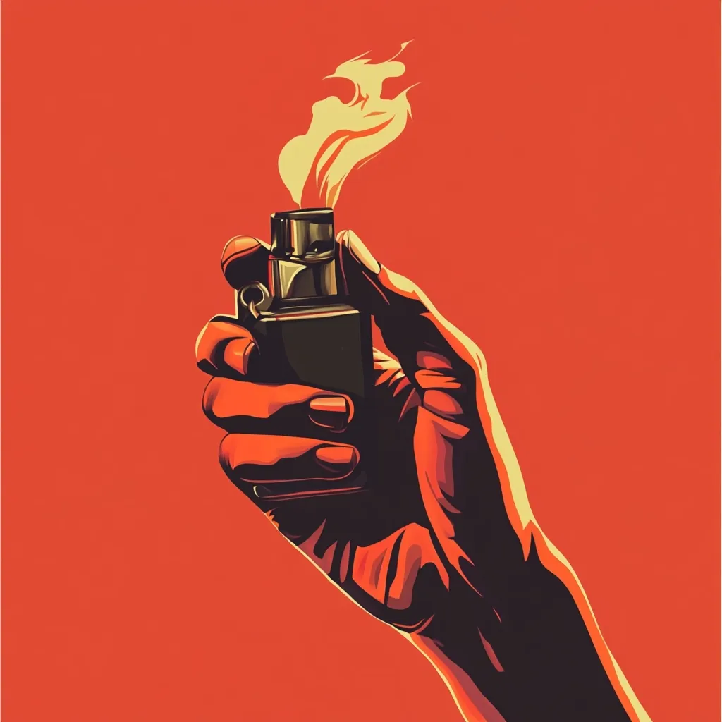 Here's a description of the image:

The illustration showcases a stylized hand holding a lighter against a vibrant orange backdrop.  The lighter is depicted with a dark metallic body and a small, upward-pointing flame that is a pale yellow-orange. The hand is rendered in a bold, graphic style with strong contrasts of light and shadow, emphasizing the contours of the fingers and palm. The overall aesthetic is reminiscent of vintage poster art or graphic design, with its flat color planes and bold lines. The composition is simple yet striking, focusing the viewer's attention on the act of lighting the flame.