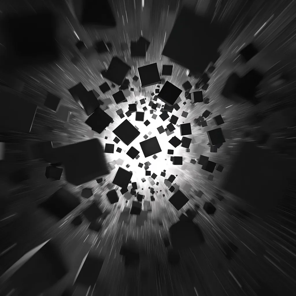 The image is a dynamic abstract visualization.  Numerous dark gray or black cubes of varying sizes appear to be hurtling towards a bright, central point. The perspective suggests a tunnel or vortex effect, with the cubes creating a sense of motion and depth.  The background is dark, emphasizing the bright center and the contrast of the moving cubes. The overall impression is one of speed, energy, and possibly data flow or information transfer.