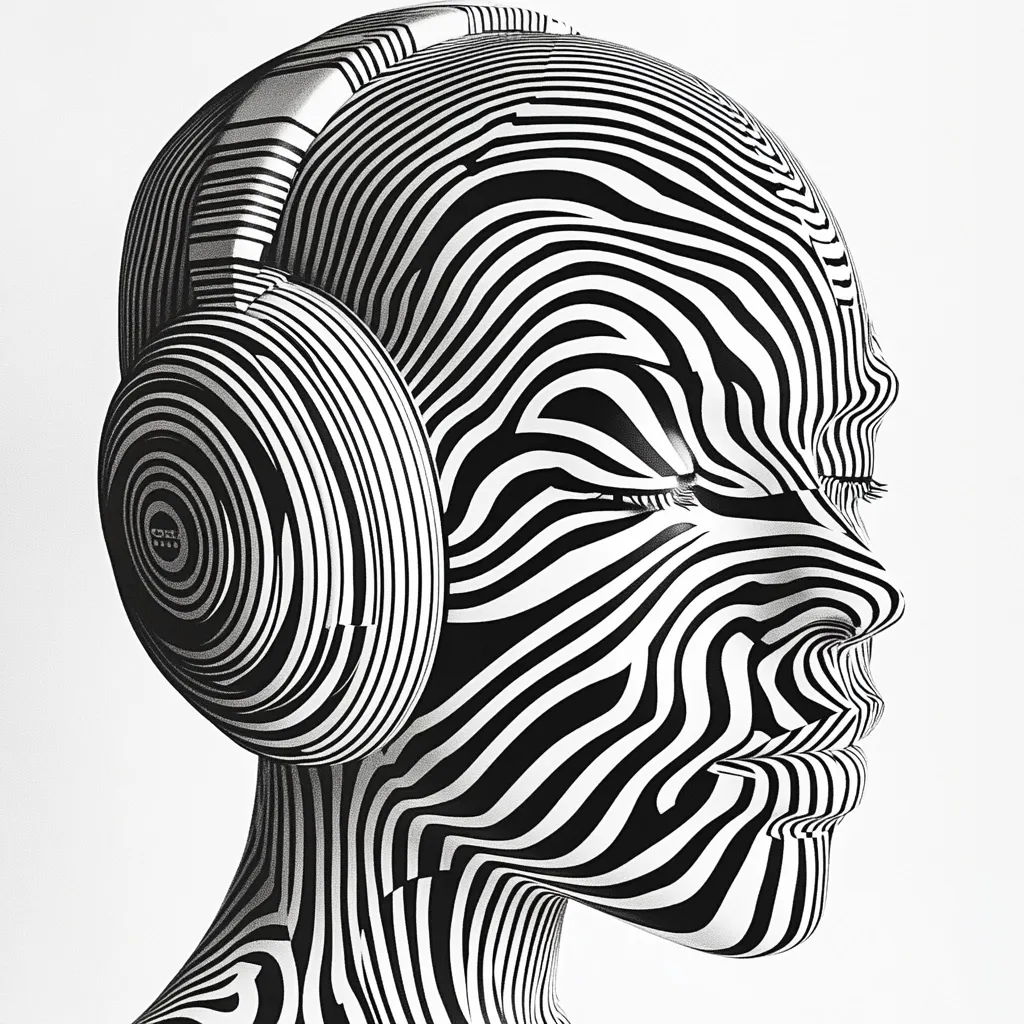 Here's a description of the image:

The image is a stylized close-up of a person's head and shoulders, rendered in black and white stripes mimicking a zebra pattern.  The subject is wearing large, over-ear headphones that are also designed with the same zebra-like stripes.  The person's eyes are closed, suggesting a state of relaxation or concentration while listening to audio. The overall style is graphic and minimalist, with a strong focus on the contrast between black and white. The image has a modern and artistic feel.