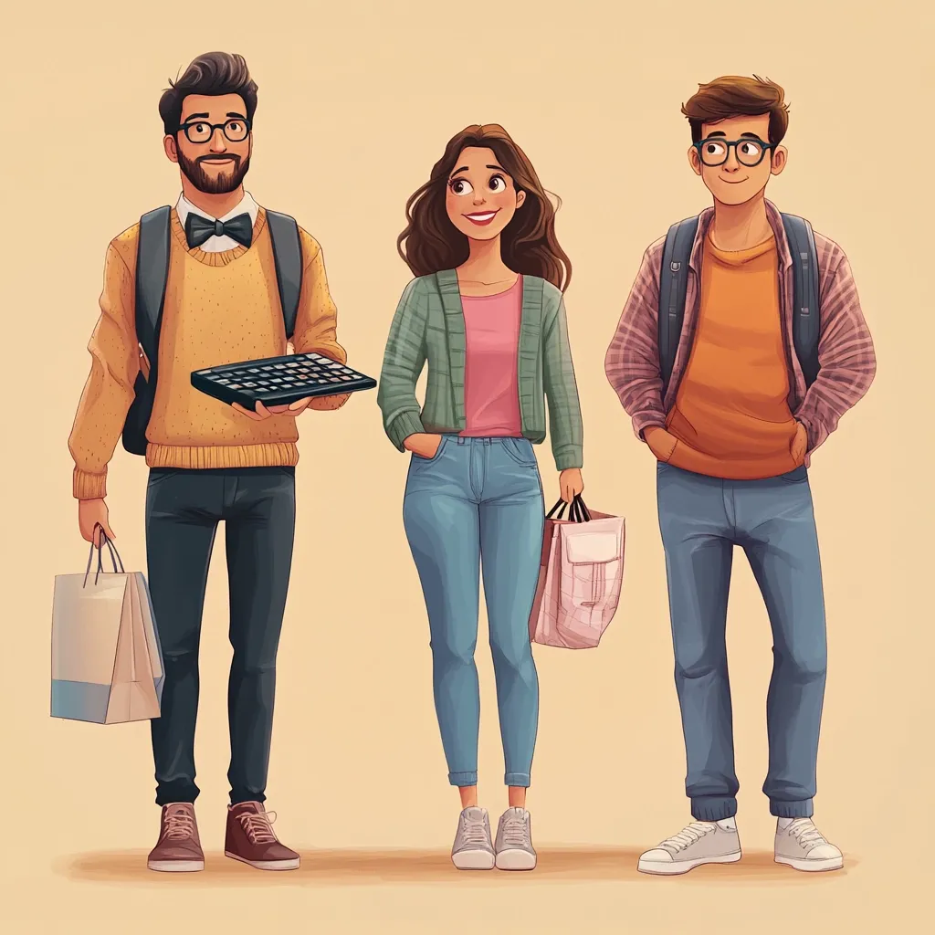 Here's a description of the image:

The illustration shows three young adults, a man and woman standing side by side, a man to the right. Each carries shopping bags. The man on the left wears glasses, a bow tie, and a yellow sweater, carrying a small, dark rectangular box.  The woman sports a green cardigan and jeans. The man on the right also wears glasses and a plaid shirt over an orange sweater. All three have a casual and friendly demeanor, suggesting a cheerful outing or shopping trip.  The style is cartoonish, with soft lines and warm colors.