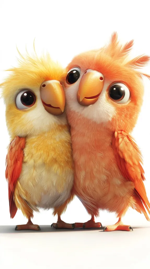 Here's a description of the image:

The image shows two adorable, cartoonish birds nestled closely together against a white background. One bird is a pale yellow, the other a soft orange.  Both have large, expressive eyes, small beaks, and fluffy plumage.  Their bodies are rounded, giving them a cuddly appearance. They seem to be friendly and affectionate, portraying a sense of warmth and companionship. The style is reminiscent of a children's illustration or animated film.
