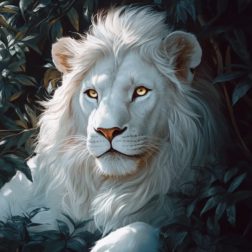 Here is a description of the image in under 100 words:

The image is a digital painting of a majestic white lion.  Its fur is brilliantly white, contrasting beautifully with the dark, lush foliage surrounding it. The lion's amber eyes are striking, and its expression is one of calm confidence. The artist has skillfully rendered the texture of the lion's fur and the leaves, creating a realistic yet ethereal feel. The overall mood is serene and mystical, highlighting the lion's regal presence amidst the shadows.