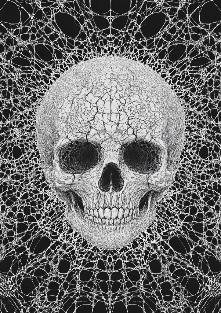 Here's a description of the image:

The image is a striking monochrome illustration featuring a detailed human skull centrally positioned against a backdrop of an intricately woven spiderweb.  The skull is rendered with a textured, cracked surface, adding a sense of age and decay.  The fine lines of the spiderweb extend from the edges of the image, almost seeming to engulf the skull. The contrast between the black background and the white skull and web creates a stark, high-contrast effect. The overall mood is dark, eerie, and potentially macabre.