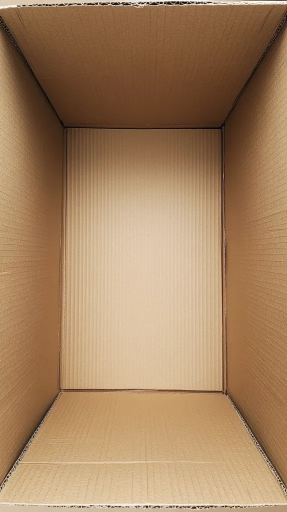 Here's a description of the image:

The image shows the inside of a large, empty cardboard box. The box is light brown and made of corrugated cardboard, with the vertical corrugations clearly visible on all interior surfaces. The lighting is even, illuminating the interior space uniformly. The box appears new and unused, showing no signs of wear or damage.  The overall impression is one of simplicity and emptiness, with the texture of the cardboard being the main visual element.