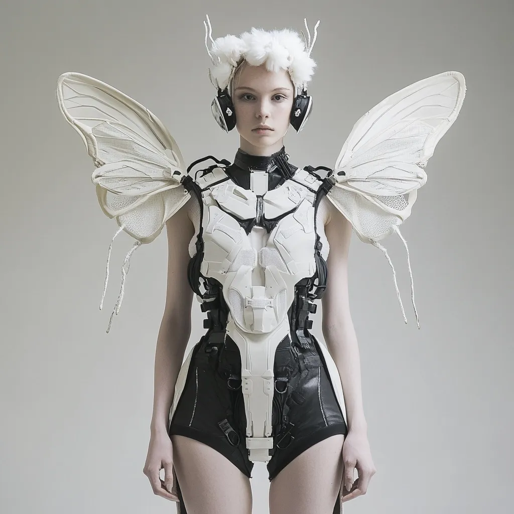 A model is shown wearing a striking avant-garde ensemble.  The outfit features a white, structured bodice resembling futuristic armor, layered over a black leotard.  Large, white, butterfly-like wings extend from the shoulders, adding a surreal element.  A white, fluffy headpiece and over-ear headphones complete the otherworldly look. The overall aesthetic is a blend of high-fashion and science fiction, emphasizing clean lines and a contrasting color scheme.