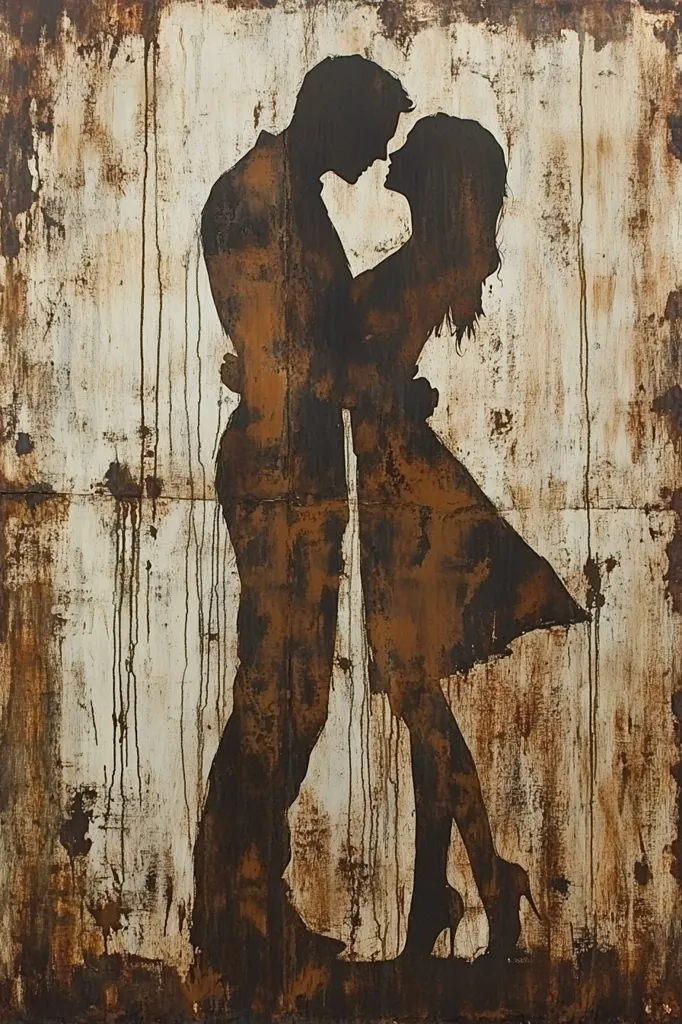 The artwork depicts a stylized silhouette of a couple embracing, their forms rendered in dark brown tones against a textured off-white background. The background's surface resembles distressed wood or metal, with streaks of dark brown suggesting rust or paint drips.  The couple's pose is intimate, heads tilted together, suggesting a moment of passionate connection. The overall aesthetic is rustic and romantic, imbued with a sense of age and weathered history.