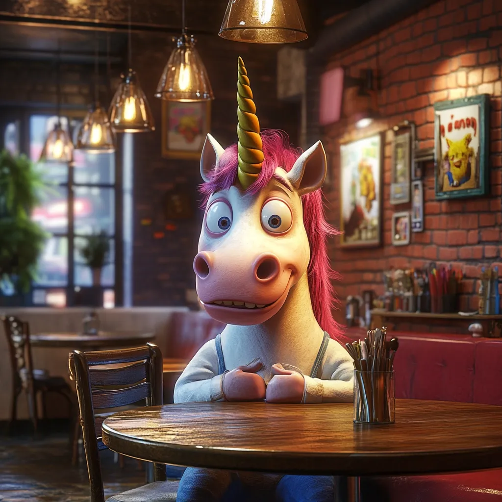 A whimsical 3D-rendered unicorn, with bright pink hair and a golden horn, sits alone at a round wooden table in a dimly lit, rustic diner.  The setting features exposed brick walls, pendant lights, and framed artwork. The unicorn, wearing overalls, has a slightly apprehensive expression, its hands clasped in front of it.  A small holder of utensils sits on the table. The overall mood is both quirky and slightly melancholic.