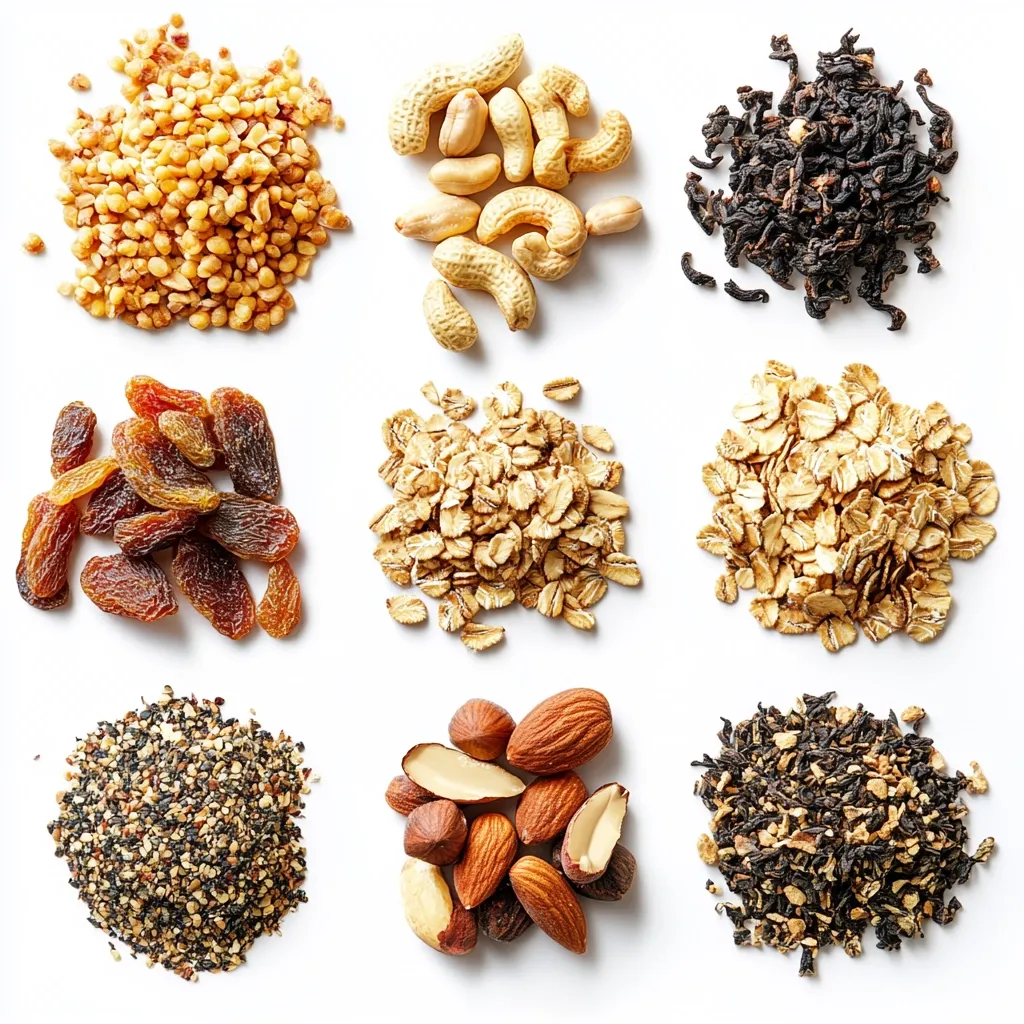 Here's a description of the image:

The image shows nine piles of various food items arranged in a three-by-three grid against a white background.  The items include buckwheat groats, cashews, loose leaf black tea, raisins, rolled oats, another type of rolled oats, a mix of poppy and sesame seeds, mixed nuts (almonds and Brazil nuts), and a second type of loose leaf black tea. Each pile is neatly presented, showcasing the texture and color of each ingredient. The overall impression is one of healthy and wholesome food options.